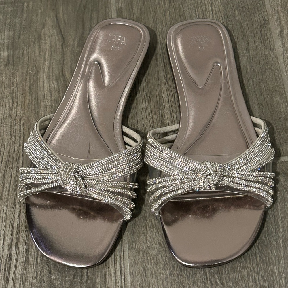Zara rhinestone sparkly flat slide sandals 38
